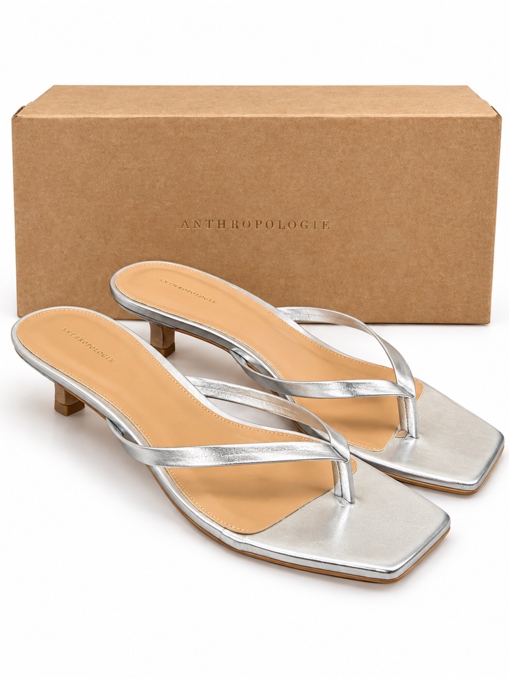 By Anthropologie Metallic Silver Thong Kitten Heel Sandals Size 8